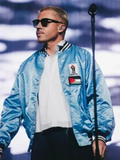 Close-up of Free Palestine Flag Macklemore Blue Satin Bomber Varsity Jacket Sale