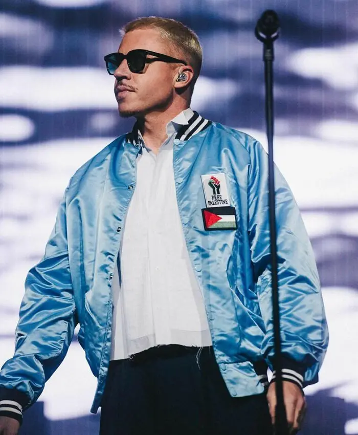 Close-up of Free Palestine Flag Macklemore Blue Satin Bomber Varsity Jacket Sale
