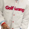 Close-up of Golf Wang Full Snap-Button White Satin Bomber Varsity Jacket Sale