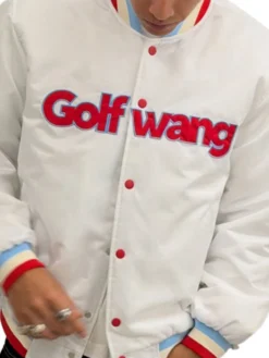 Close-up of Golf Wang Full Snap-Button White Satin Bomber Varsity Jacket Sale