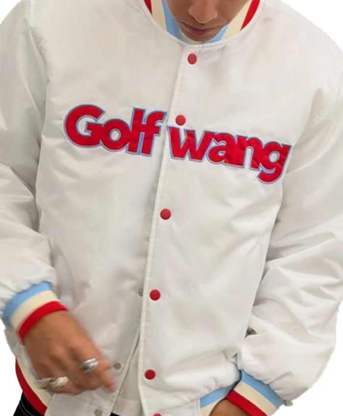 Close-up of Golf Wang Full Snap-Button White Satin Bomber Varsity Jacket Sale