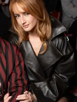 Close-up of Grace Van Patten H&M Show London Fashion Week Oversized Black Leather Biker Jacket
