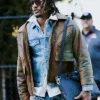 Close-up of Grant Delpit NFL Cleveland Browns Arrival Distressed Brown Leather Bomber Jacket