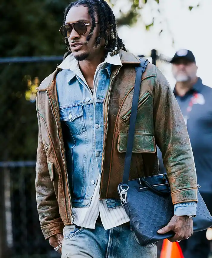 Close-up of Grant Delpit NFL Cleveland Browns Arrival Distressed Brown Leather Bomber Jacket