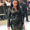 Close-up of Gucci Spring Show 2027 Milan Fashion Week Georgina Ronaldo Black Leather Jacket