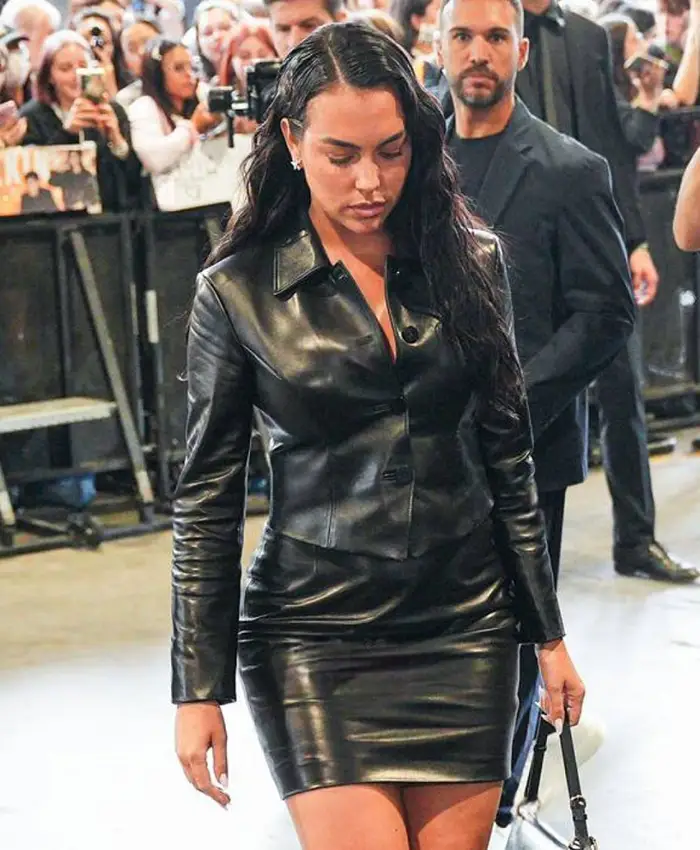 Close-up of Gucci Spring Show 2027 Milan Fashion Week Georgina Ronaldo Black Leather Jacket