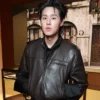 Close-up of Gucci Spring Show Milan Fashion Week 2027 Billkin Black Leather Bomber Jacket