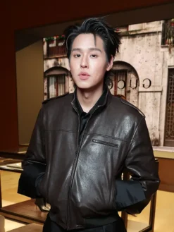 Close-up of Gucci Spring Show Milan Fashion Week 2027 Billkin Black Leather Bomber Jacket