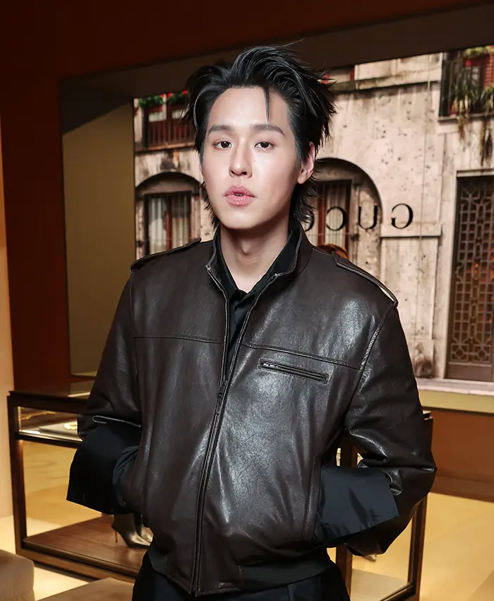 Close-up of Gucci Spring Show Milan Fashion Week 2027 Billkin Black Leather Bomber Jacket
