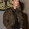Close-up of Impromptu Performance on Friday Night Celine Dion Grey Satin Bomber Jacket
