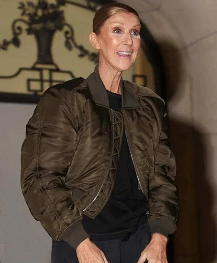 Close-up of Impromptu Performance on Friday Night Celine Dion Grey Satin Bomber Jacket