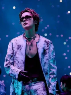 Close-up of J-Hope BTS ARIRANG World Tour Chicago Distressed And Textured Leather Jacket