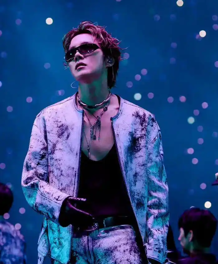 Close-up of J-Hope BTS ARIRANG World Tour Chicago Distressed And Textured Leather Jacket