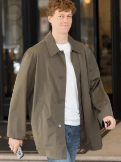 Close-up of Jannik Sinner Gucci Spring Show Milan Fashion Week 2027 Cotton Olive Green Coat