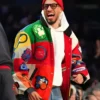 Close-up of Jeff Hamilton Tyrese Haliburton NBA Teams Collage Colorblock Leather Bomber Jacket