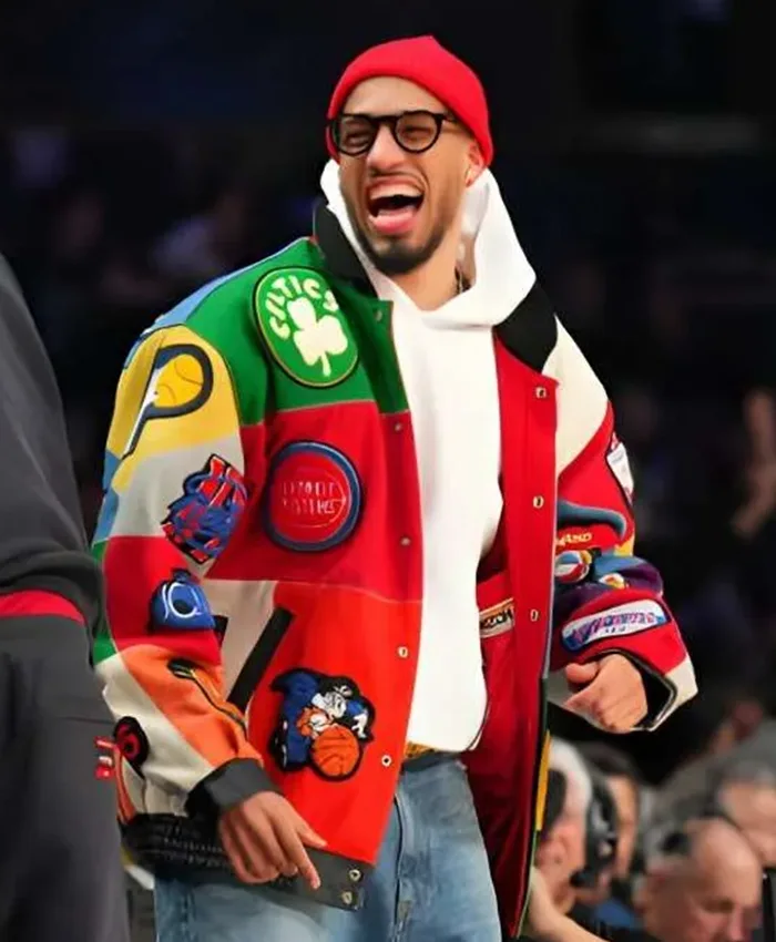 Close-up of Jeff Hamilton Tyrese Haliburton NBA Teams Collage Colorblock Leather Bomber Jacket
