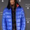 Close-up of Jordan Clarkson New York Fashion Week 2026 Glossy Blue Moncler Parachute Puffer Jacket