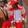 Close-up of KFC Commercial IShowSpeed Red And White Leather Western Fringe Jacket
