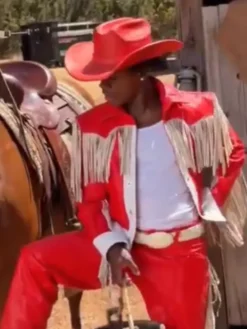 Close-up of KFC Commercial IShowSpeed Red And White Leather Western Fringe Jacket