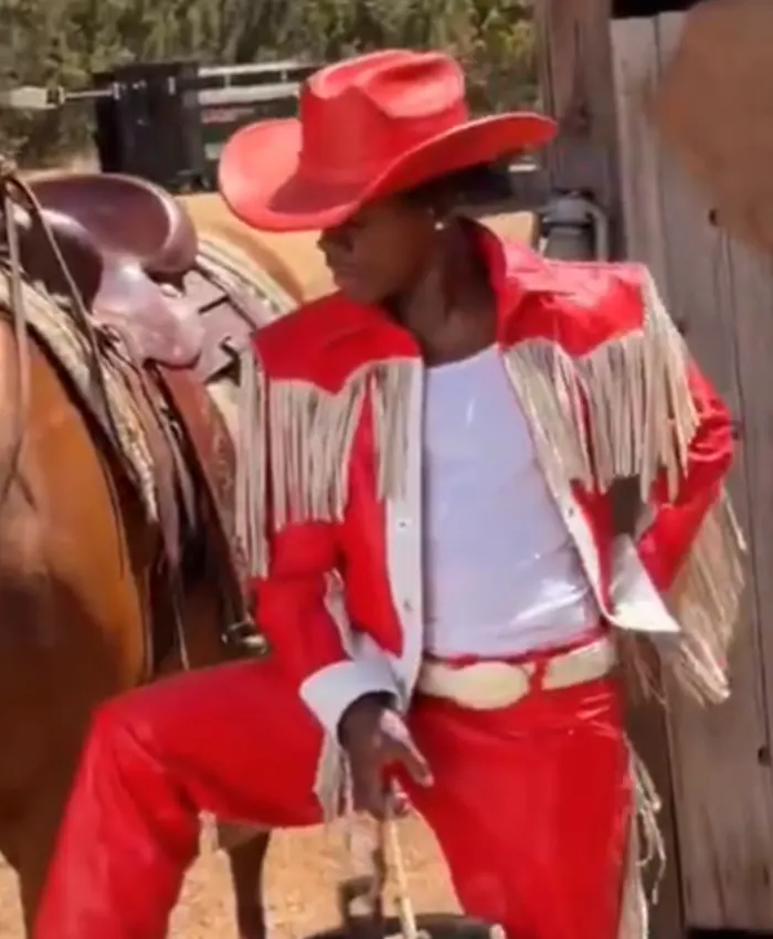 Close-up of KFC Commercial IShowSpeed Red And White Leather Western Fringe Jacket