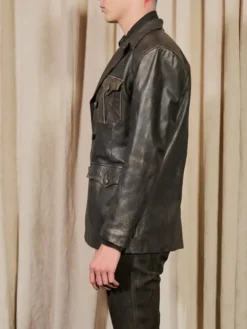Close-up of Kai Cenat VIVET Debut New York Fashion Week 2026 Distressed Double-Breasted Leather Blazer
