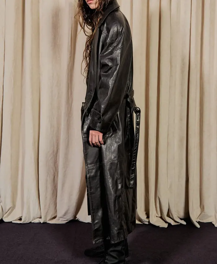 Close-up of Kai Cenat VIVET Debut New York Fashion Week 2026 Oversized Black Leather Trench Coat