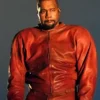 Close-up of Kanye West Night Two YE’s Homecoming Show Chicago Custom Red Leather Tracksuit