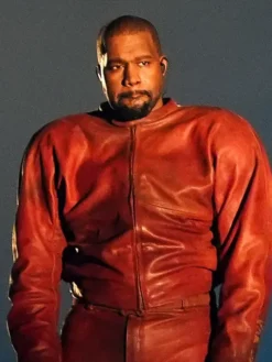 Close-up of Kanye West Night Two YE’s Homecoming Show Chicago Custom Red Leather Tracksuit