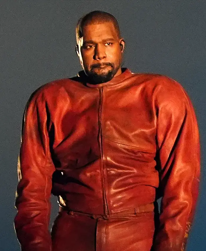 Close-up of Kanye West Night Two YE’s Homecoming Show Chicago Custom Red Leather Tracksuit