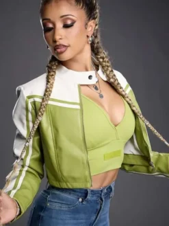 Close-up of Kelani Jordan WWE NXT Green And White Cropped Cafe Racer Moto Leather Jacket
