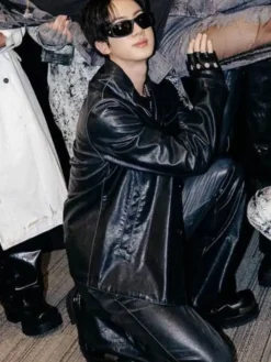 Close-up of Kim Seok-jin BTS ARIRANG World Tour Los Angeles Black Leather Jacket