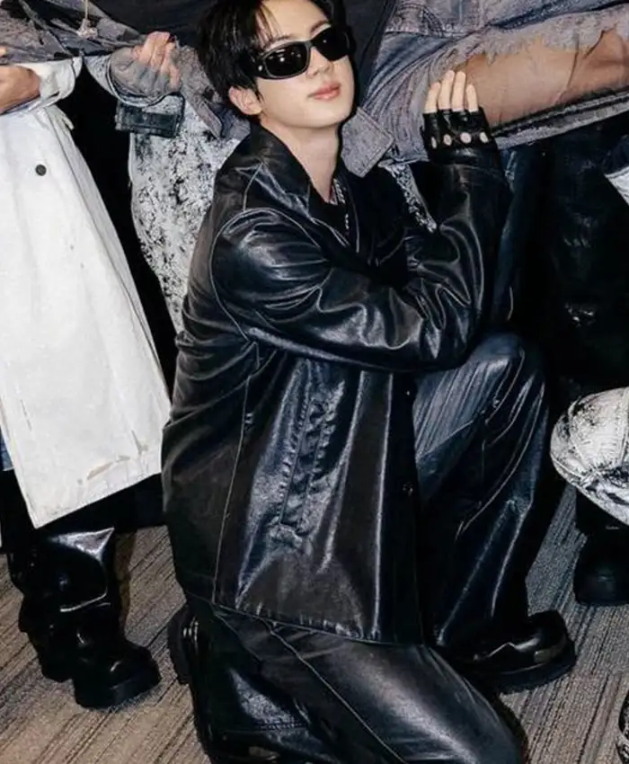 Close-up of Kim Seok-jin BTS ARIRANG World Tour Los Angeles Black Leather Jacket