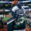 Close-up of Kith for the New York Yankees 2026 Josh Hart Cupro Ferris Pinstripe Varsity Jacket