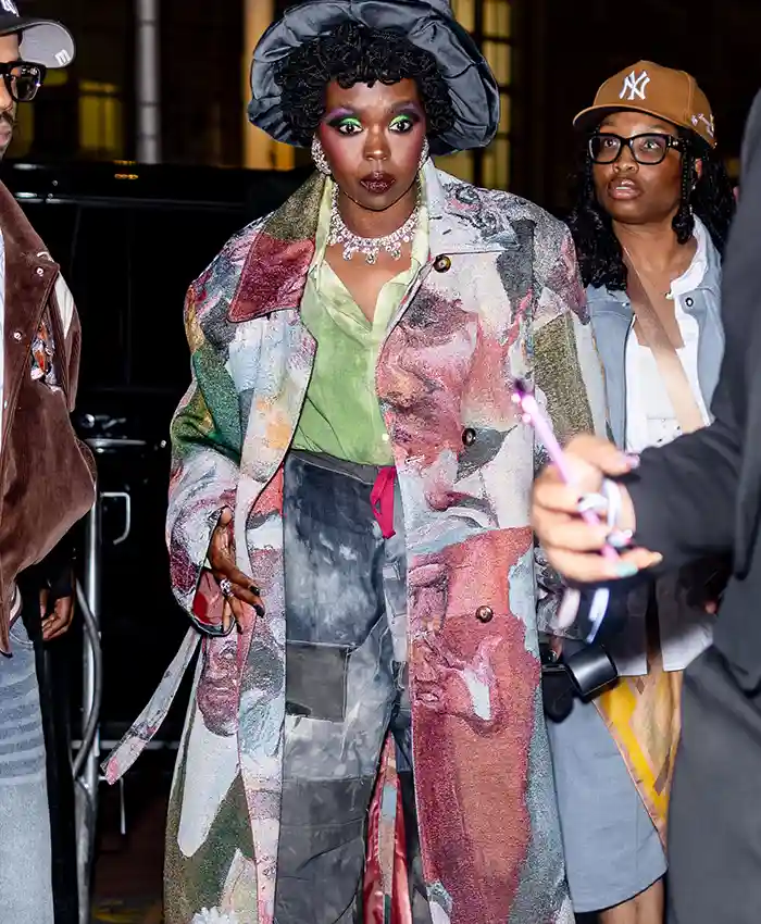 Close-up of Lauryn Hill Kai Cenat Vivet Fashion Show 2026 Café De La Jacquard Multicolor Cotton Overcoat