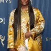 Close-up of Law Roach 78th Primetime Emmy Awards Satin Golden Floral-Embroidered Trench Coat