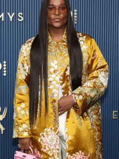 Close-up of Law Roach 78th Primetime Emmy Awards Satin Golden Floral-Embroidered Trench Coat