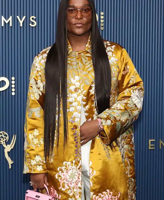 Close-up of Law Roach 78th Primetime Emmy Awards Satin Golden Floral-Embroidered Trench Coat