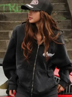 Close-up of Lisa LLOUD x Von Dutch Hollywood Fleece Distressed Charcoal Hooded Jacket