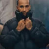 Close-up of Lululemon Featherweight Stand-Neck Lewis Hamilton Quilted Parachute Black Puffer Jacket