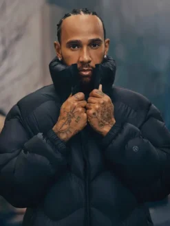 Close-up of Lululemon Featherweight Stand-Neck Lewis Hamilton Quilted Parachute Black Puffer Jacket