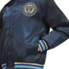 Close-up of MLS x US Sports Philadelphia Union Adidas Navy Blue Full-Snap Satin Bomber Jacket