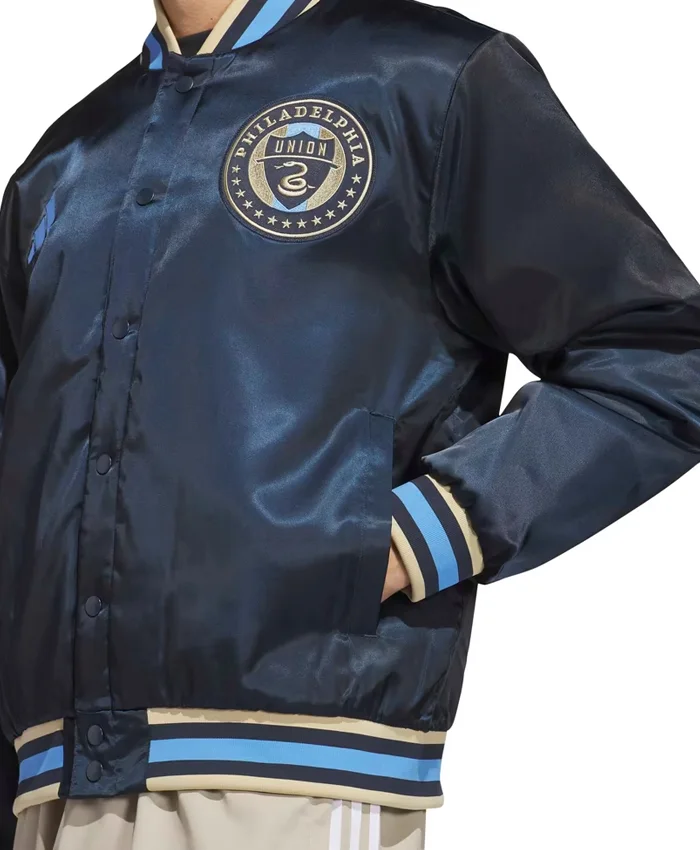Close-up of MLS x US Sports Philadelphia Union Adidas Navy Blue Full-Snap Satin Bomber Jacket