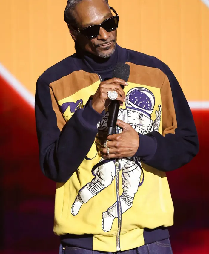 Close-up of MTV Video Music Awards 2026 Los Angeles Snoop Dogg Yellow Fleece Bomber Jacket