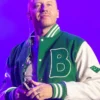 Close-up of Macklemore Bogey Boys Friends And Family Green And White Letterman Varsity Jacket
