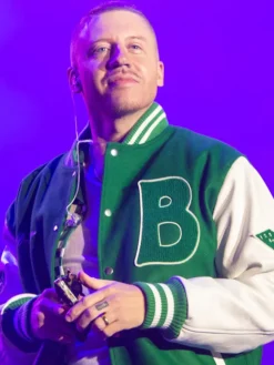 Close-up of Macklemore Bogey Boys Friends And Family Green And White Letterman Varsity Jacket
