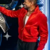 Close-up of Madame Tussauds Wax Museum USA Usher Red Suede Bomber Leather Jacket
