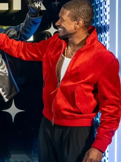 Close-up of Madame Tussauds Wax Museum USA Usher Red Suede Bomber Leather Jacket