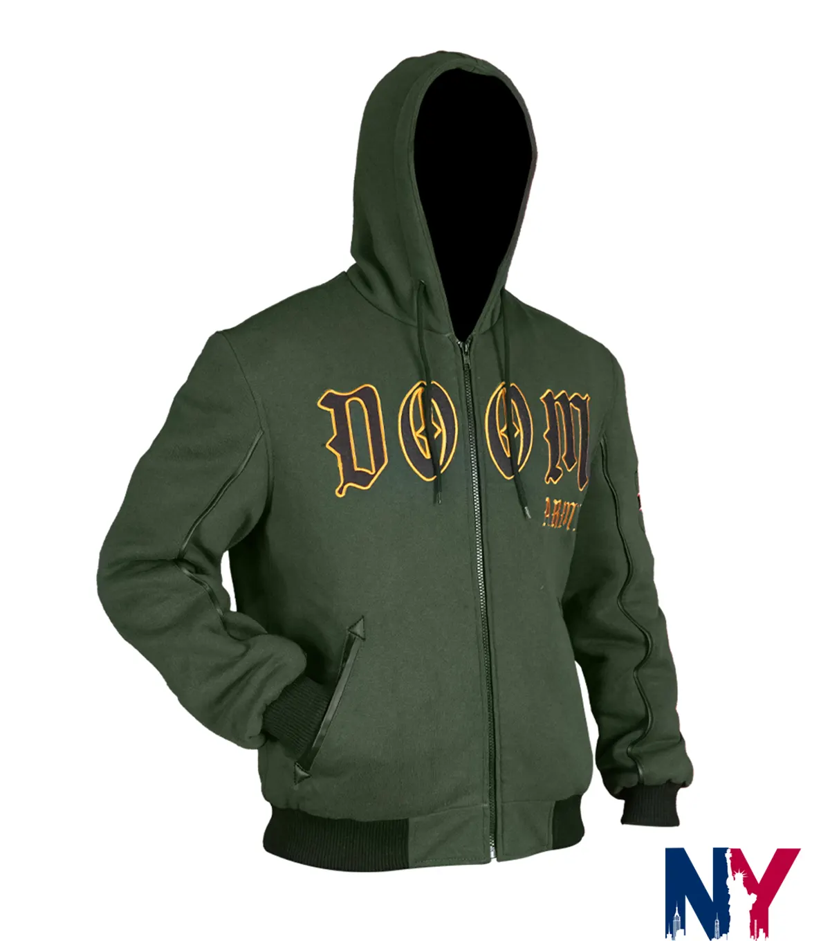 Close-up of Marvel Doctor Doom Army Green Doomstadt Latveria Hooded Jacket