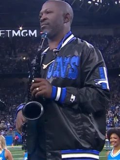 Close-up of Mike Phillips NFL Team Detroit Lions Black Satin Varsity Jacket Sale