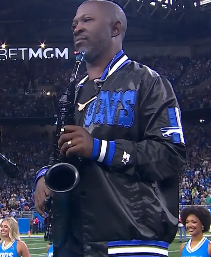Close-up of Mike Phillips NFL Team Detroit Lions Black Satin Varsity Jacket Sale
